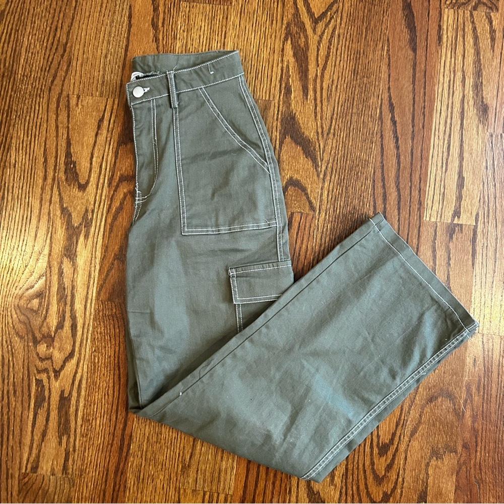 Better Together Olive Green Cargo Pants with contrast stitch, wide leg, small